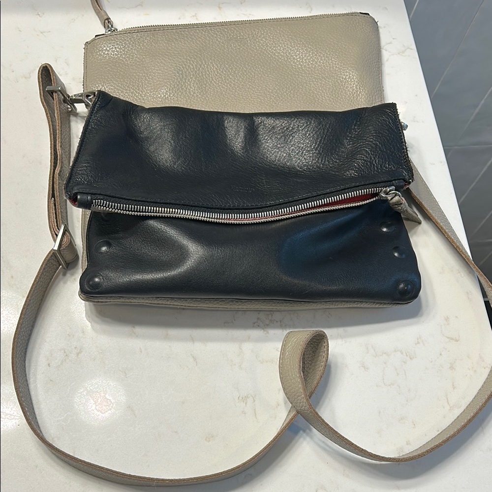 Hammitt Leather Crossbody Fold-Over Bag in Black and Taupe